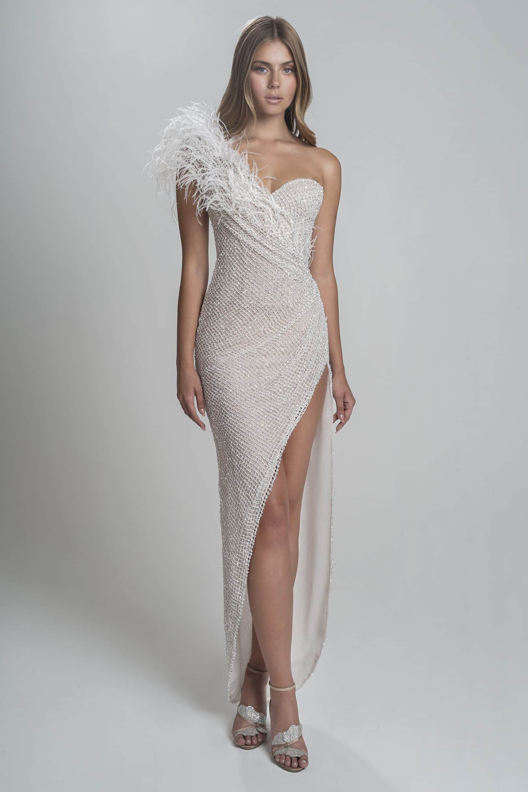 Draped One Shoulder Feather Dress